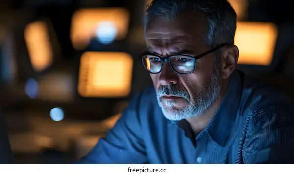 Focused Man Working at Night