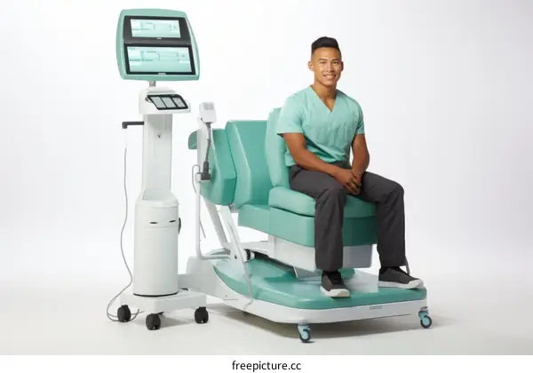A man sits in a medical chair with a large screen behind him