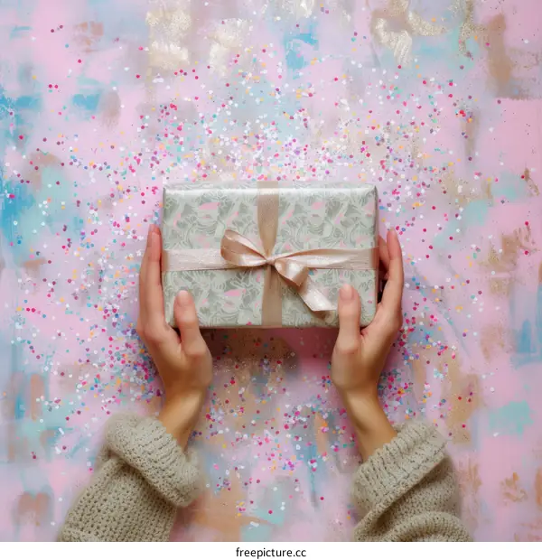 A woman holding a gift box with a pink background