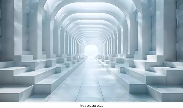 Futuristic architectural structure with arched columns and stepped seating