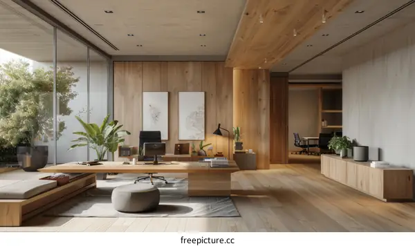 Modern Office Interior Design with Wooden Wall Panels
