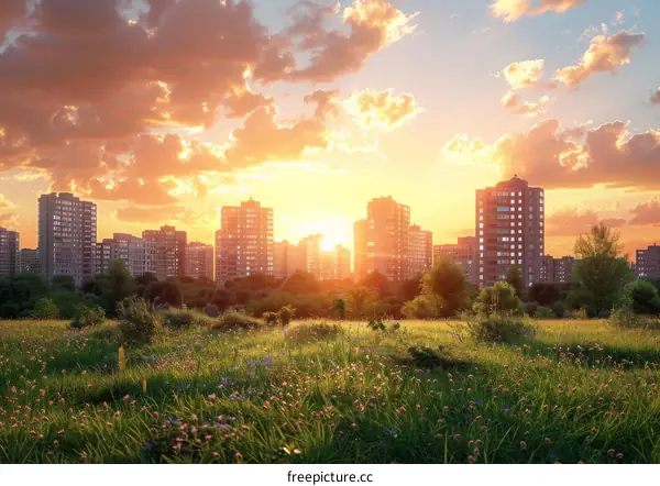 Cityscape at Sunrise over Green Meadow