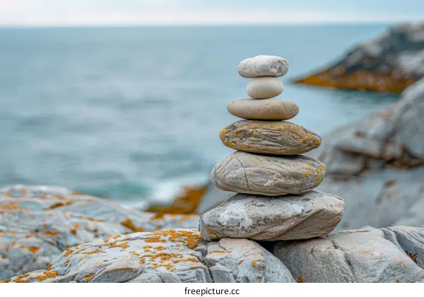 Stone Tower Stacked on the Seashore for Balance