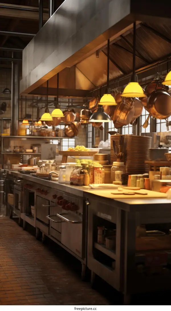 Industrial Kitchen with Stainless Steel Appliances and Copper Pots Hanging from Ceiling