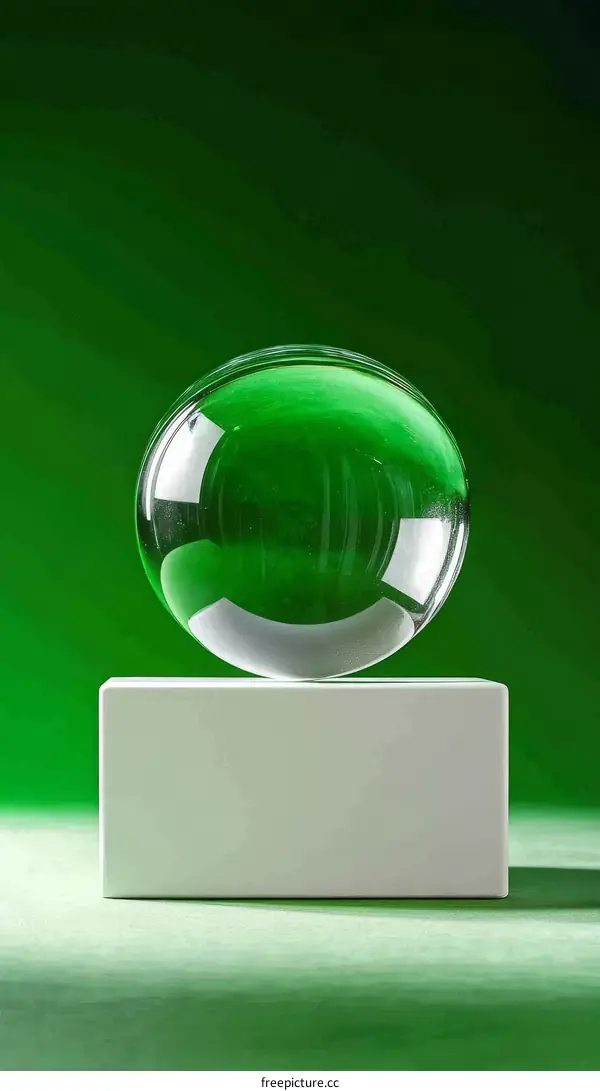Transparent Sphere on White Block in Green Background