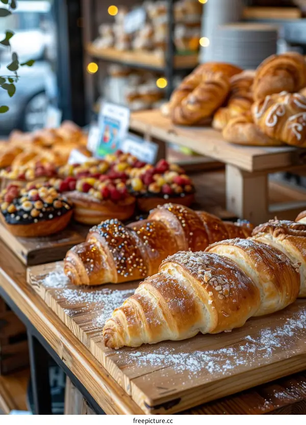 Assortment of Delicious Pastries in a Bakery Display