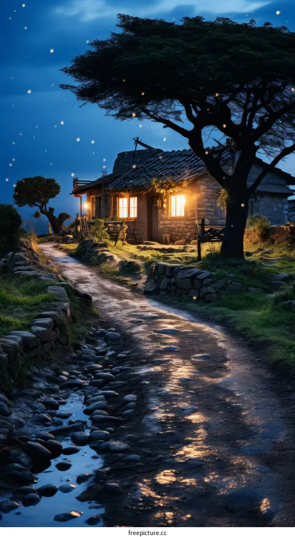 Thatched roof cottage in the mountains at night
