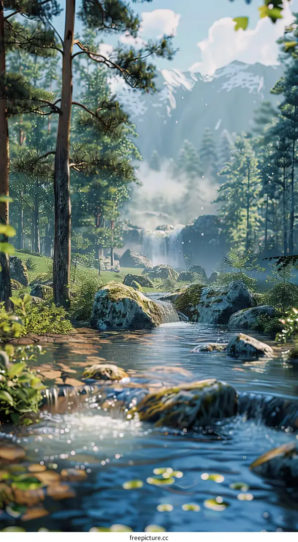 Tranquil Nature Forest Stream with Waterfall Rapids and Mountains