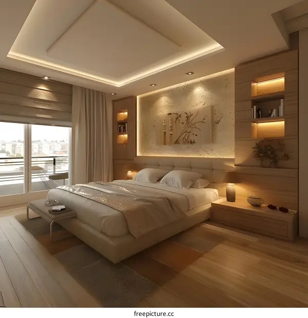 A bedroom with a large bed, a nightstand, and a painting on the wall