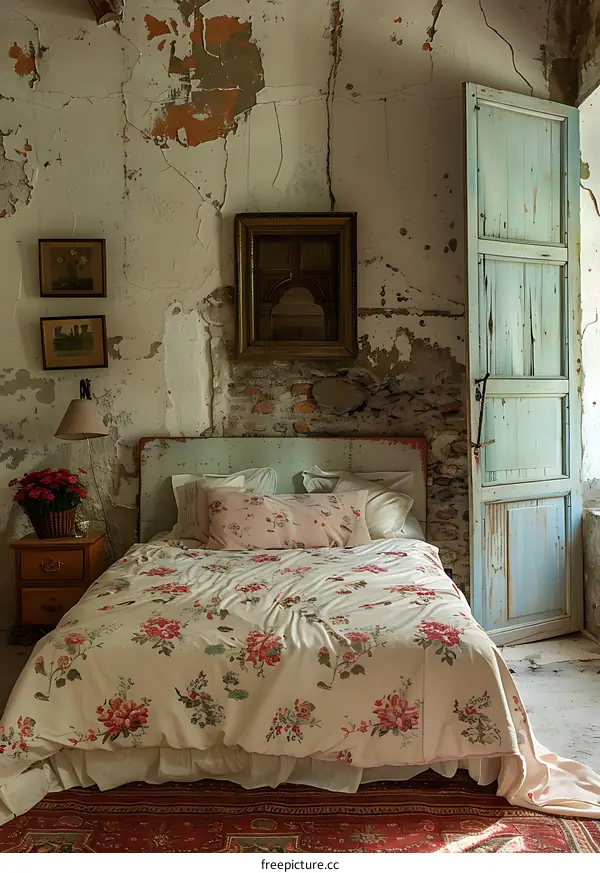 Bedroom With Weathered Walls and Blue Door