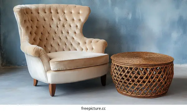 Cream Velvet Wingback Chair and Rattan Coffee Table