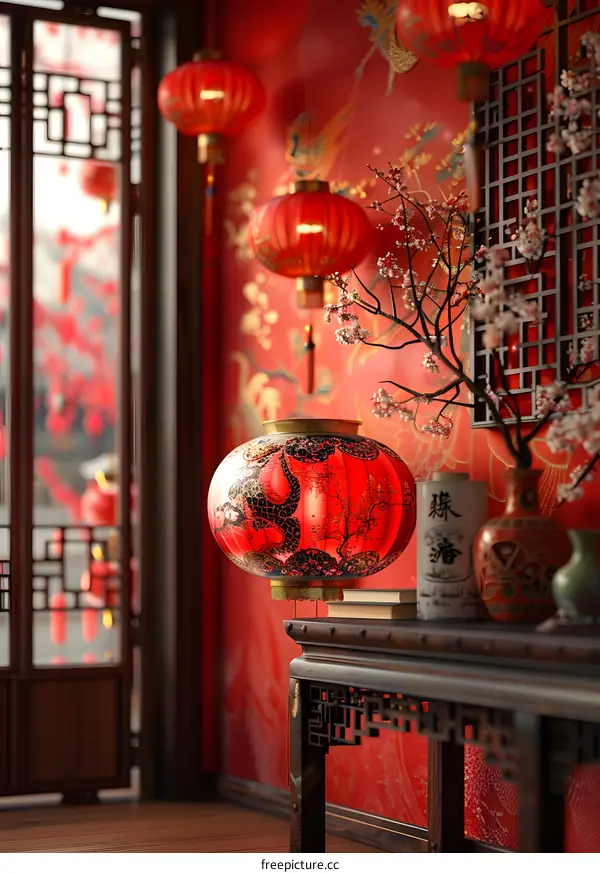 A red Chinese style indoor scene