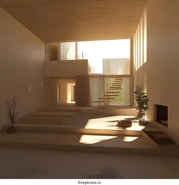 Modern Wooden Interior Design with Staircase and Sunlight