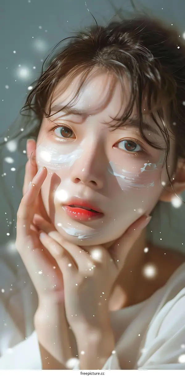 Beautiful Asian Woman With Face Cream and Snow Background
