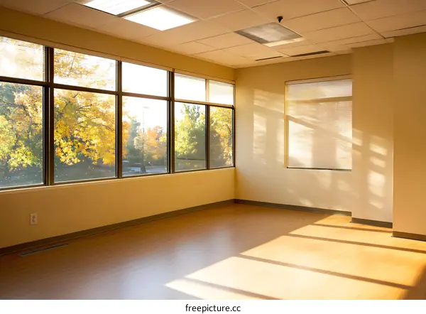 Empty Office Room With Large Windows and Sunlight Streaming In