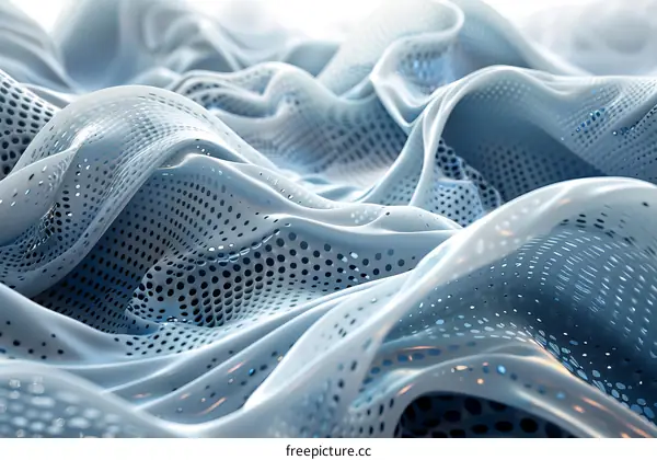 Blue and white abstract 3D rendering of a wavy surface with a pattern of small holes
