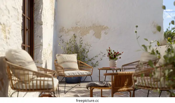 Wicker Chairs and Flowers in a Patio Setting