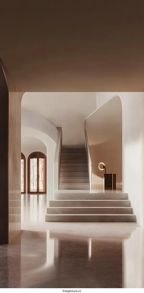 Modern Minimalist Interior Design with Curved Walls and Stone Stairs