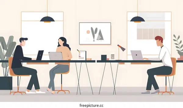 Three People Working at Desks in an Office Illustration