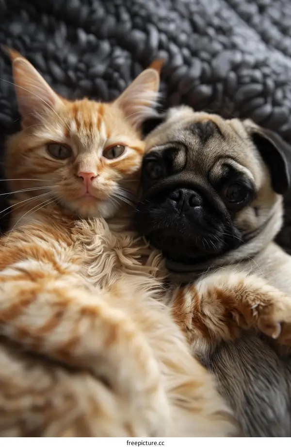 Orange cat and pug lying together on a gray blanket