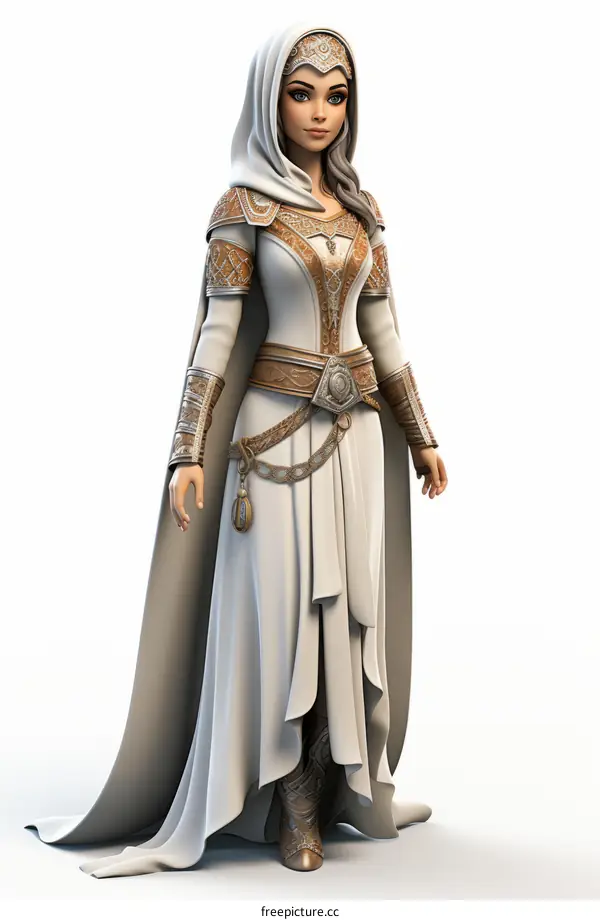 Fantasy Woman in White Dress with Gold Belt