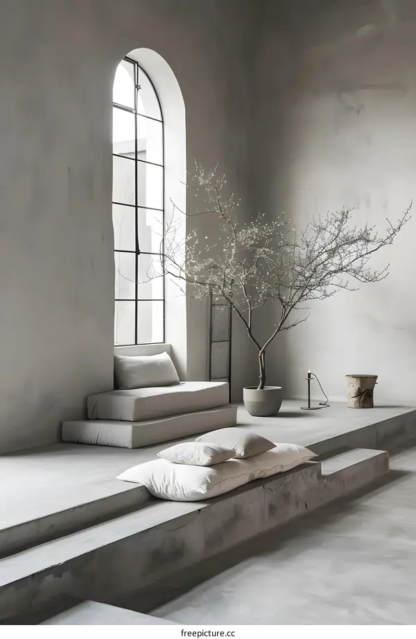 Minimalist Interior Design with Concrete Platform and Arched Window