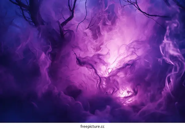 Mystical purple smoke in the dark forest