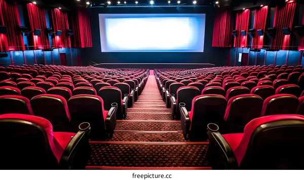 Empty Movie Theater Seats with Red Curtains and Screen