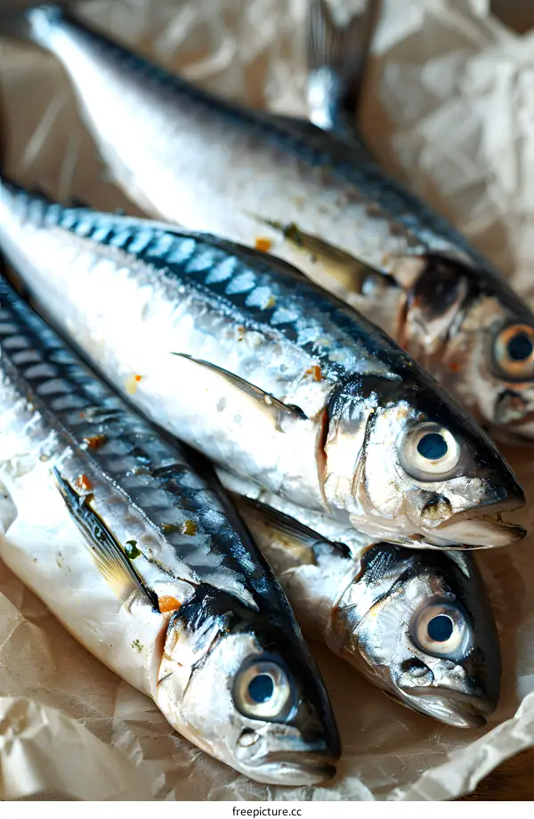Four raw mackerels on brown paper