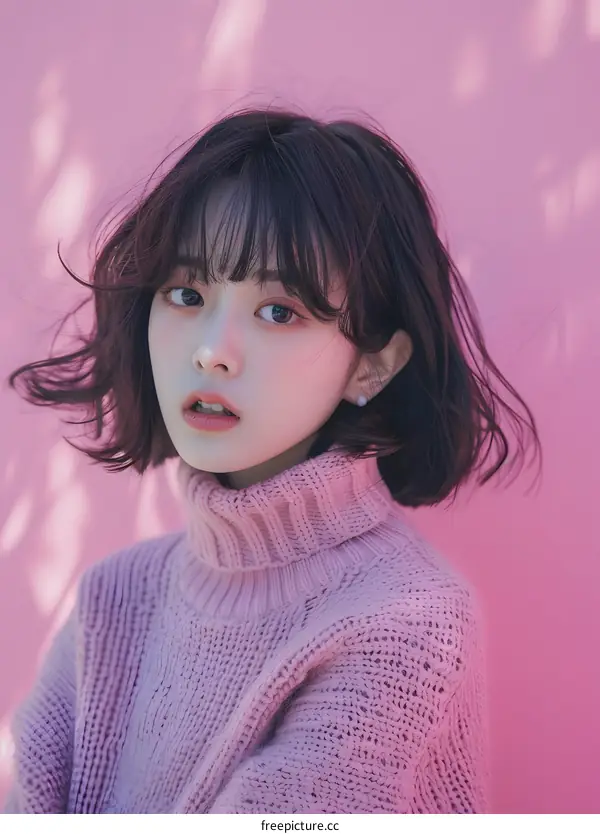 Portrait of a Young Asian Woman with Short Hair Wearing a Pink Sweater
