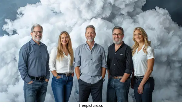 Portrait of a group of business professionals posing in front of a cloud background