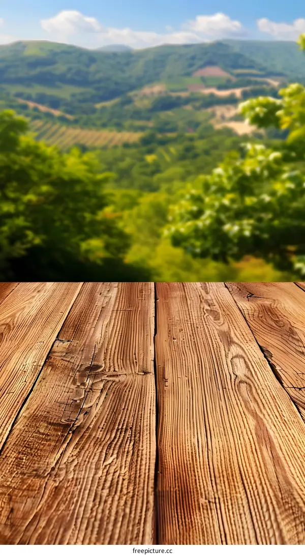Wooden Tabletop With Blurred Green Hills Background