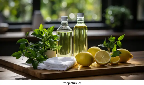 Natural cleaning products with lemons and essential oils