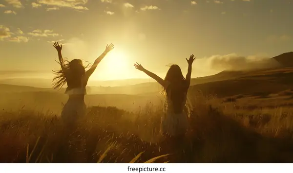 Two Girls Raising Arms in Field During Golden Hour