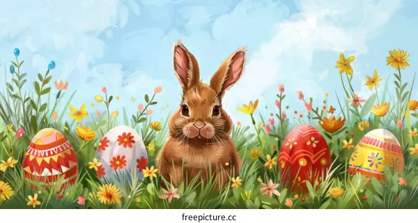 Easter bunny in a field of flowers