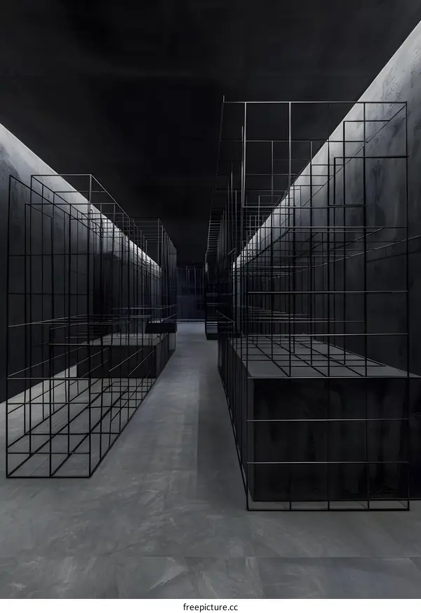 Black and White Minimalist Interior Design with Geometric Metal Structures