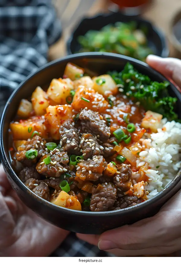 A bowl of Korean beef stew with rice