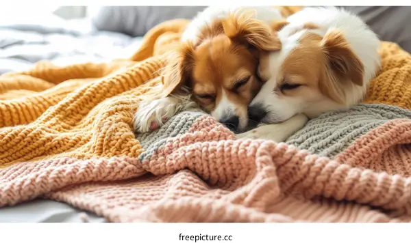 Two small dogs sleeping on a blanket