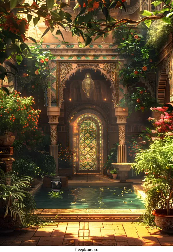 Courtyard with pool, plants and flowers