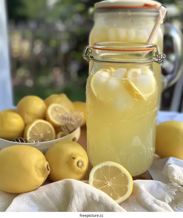 Homemade Lemonade with Lemon Slices and Ice in Glass Jars