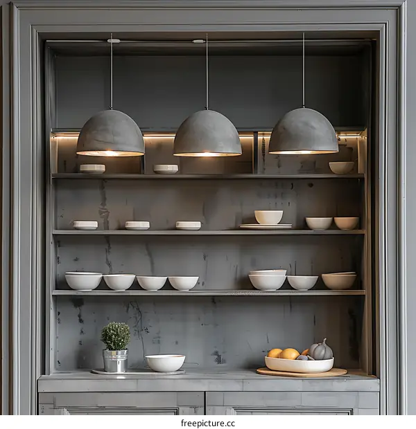 Grey Kitchen Cabinet With White Bowls And Hanging Lights