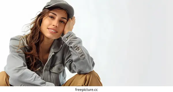 Young Woman Wearing Cap Posing in Studio