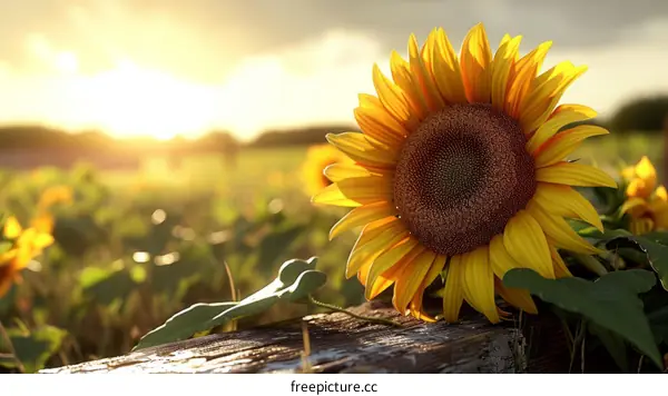 Close-up of a sunflower in a field at sunset