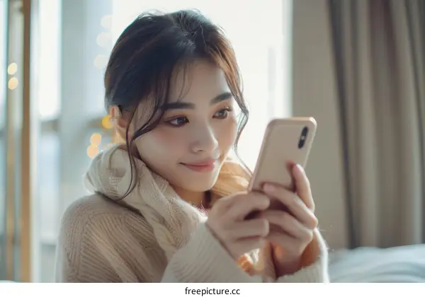 Asian woman smiling while texting on her phone