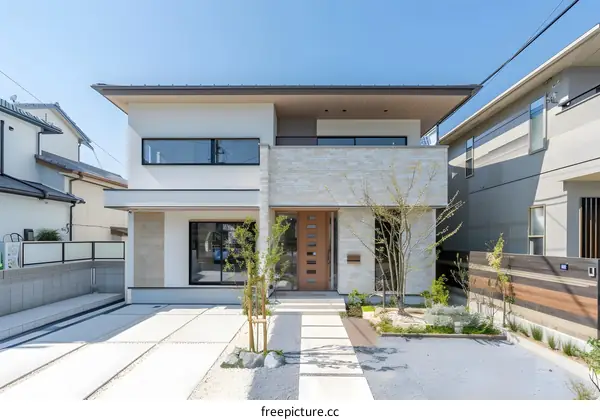 Modern Two Story House Exterior with Stone Facade and Front Yard Landscape