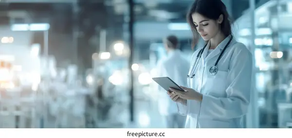 Female Doctor Using Tablet in Modern Medical Facility