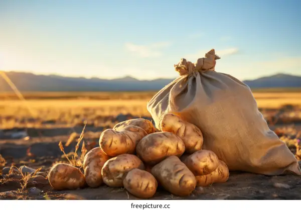 A burlap sack full of potatoes sits on the ground in a field.