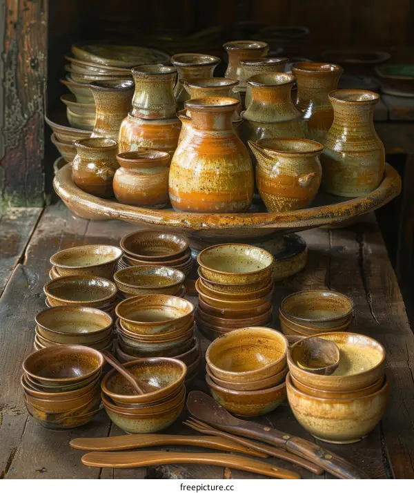 An arrangement of ceramic bowls and vases in various shades of brown