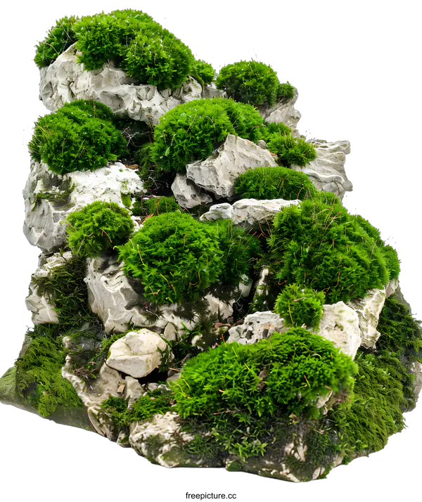 [Transparent Background PNG]Green Moss Covered Rocks With White Background