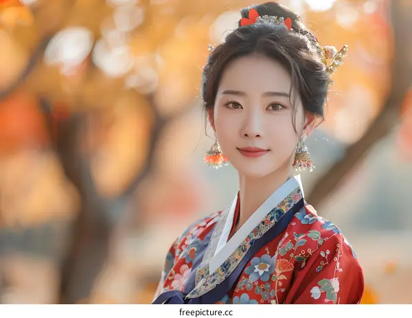 Beautiful Asian Woman Wearing Traditional Korean Hanbok Dress